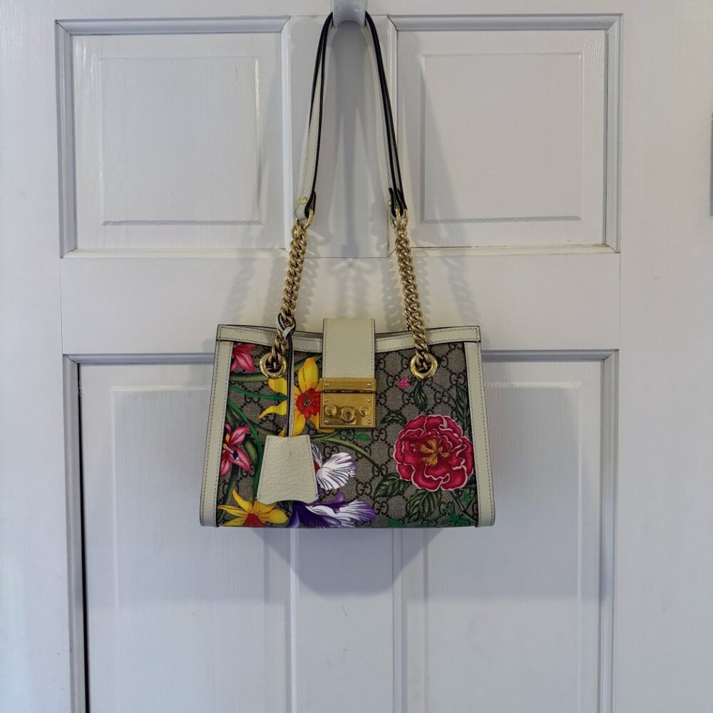 GUCCI Small GG Supreme Flora Padlock Shoulder Hand Bag